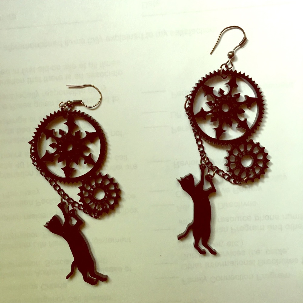 Steampunk black cat necklace and earrings